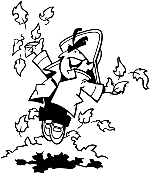 Little boy jumping in pile of leaves vinyl sticker. Customize on line.      Autumn Fall 006-0183  